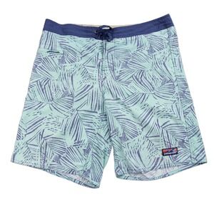 Patagonia Wavefarer Board Shorts Mens 38 Green Blue Palm Print Lined Swim Trunks
